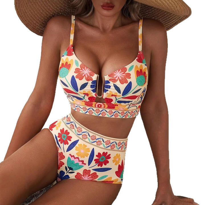 Women High-Cut Bikini with Floral Pattern and Leopard Print Mune Fashion