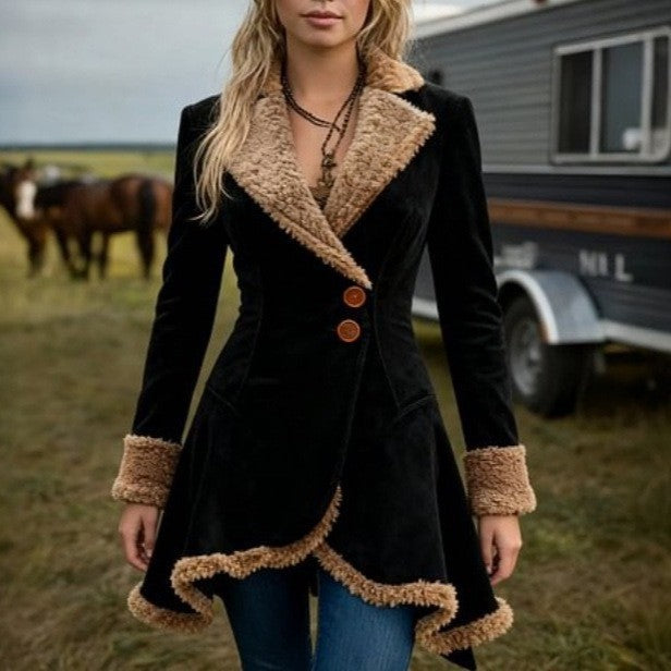 Women's tailored lambskin imitation coat with flared hem, double button closure and contrast sherpa trim Mune Fashion
