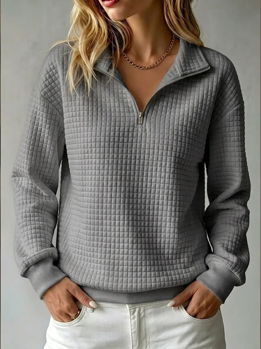 Women's Quilted Fleece Pullover with Half Zipper and Stand-Up Collar Mune Fashion