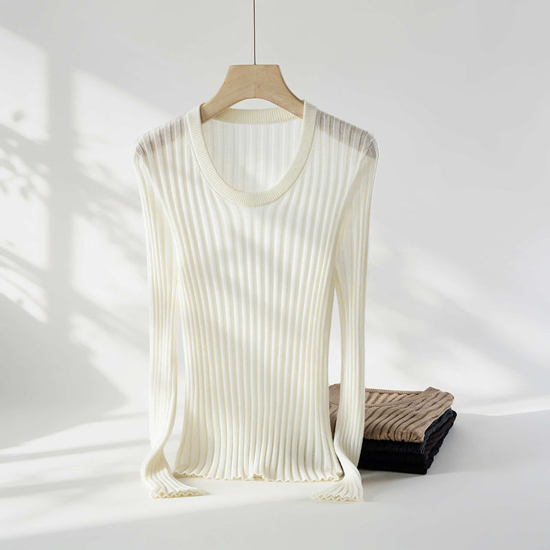 Women Tight Fine Knit Long Sleeve with Deep V-Neck and Wide Ribbed Structure Mune Fashion
