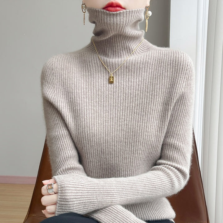 Women Slim Ribbed Knit Turtleneck Sweater with Ruffled Neck and Cashmere-like Feel Mune Fashion