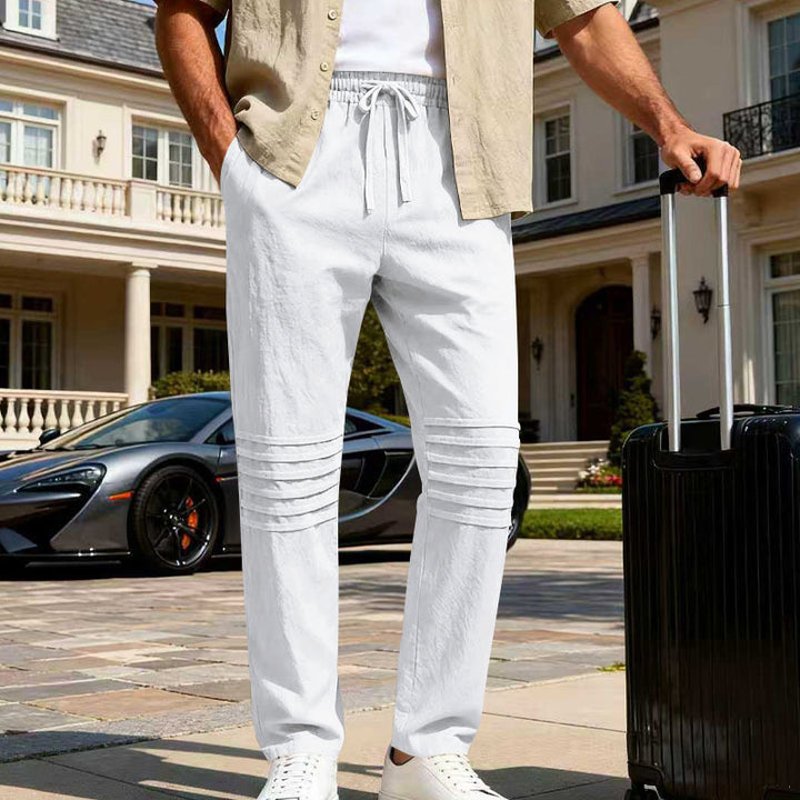 Men's Linen Look Lounge Pants with Drawstring Elastic Waistband and Quilted Knee Panels Mune Fashion