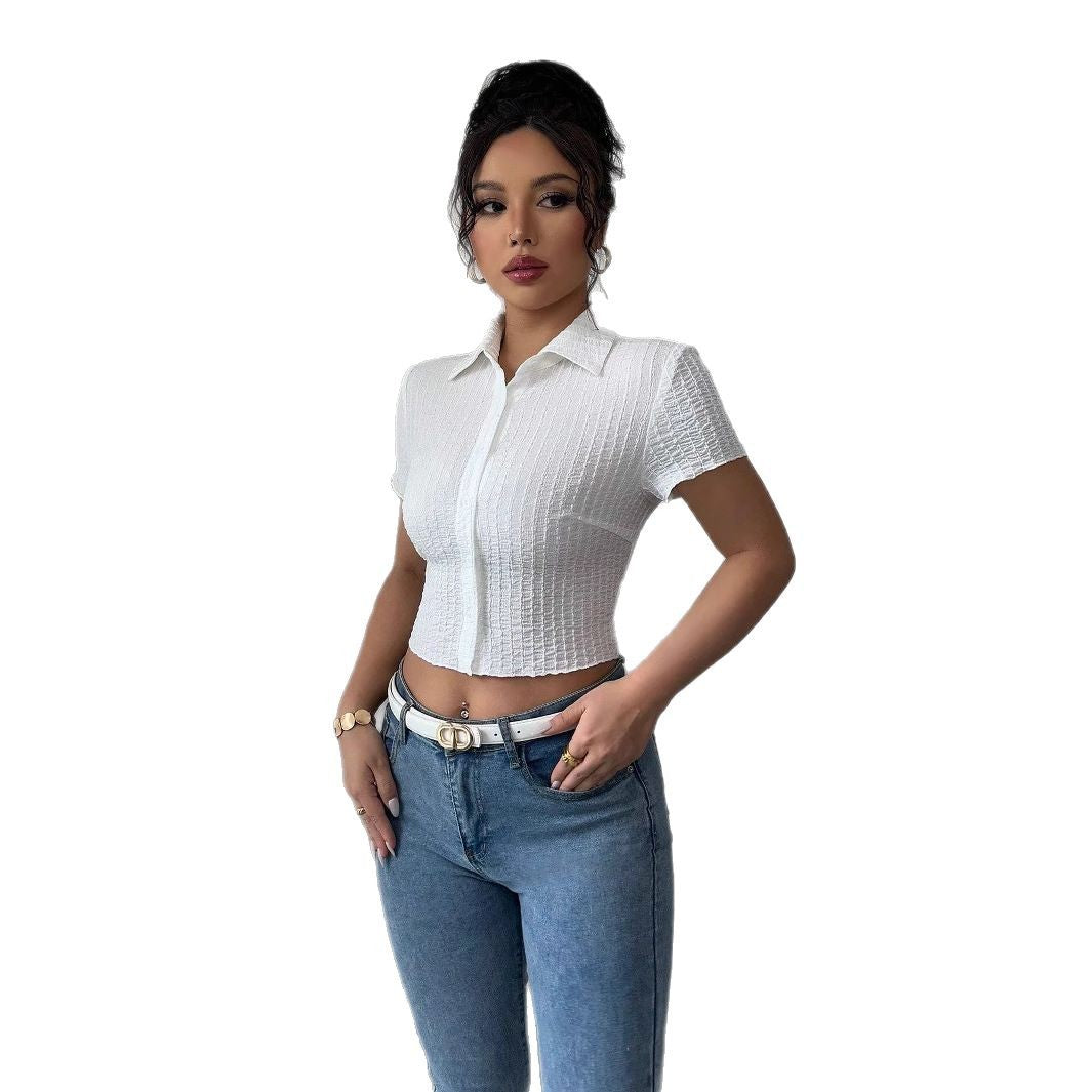 Women's tailored cropped blouse with crepe structure, shirt collar, and button placket Mune Fashion
