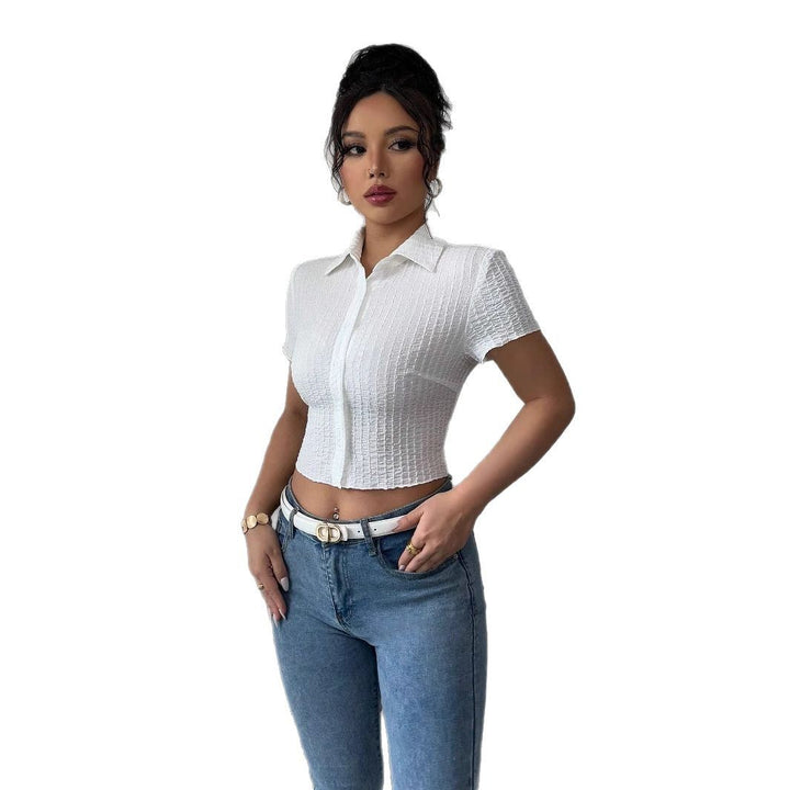 Women's tailored cropped blouse with crepe structure, shirt collar, and button placket Mune Fashion