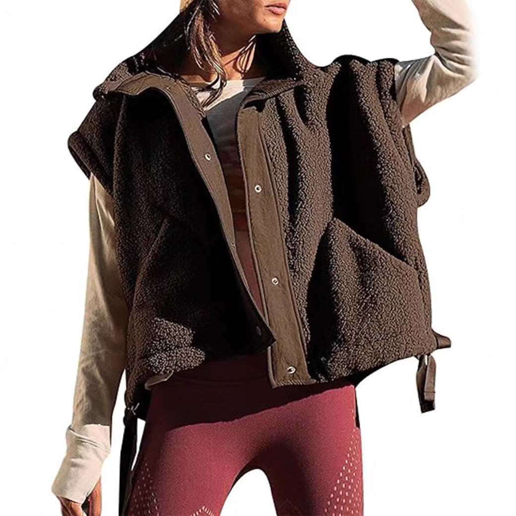 Women's Oversized Teddy Fleece Vest with Hood and Snap Buttons Mune Fashion