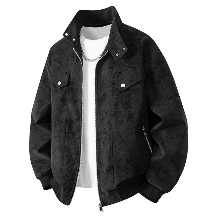 Men's velvet imitation transitional bomber-style jacket with stand-up collar, press stud fastening & elastic cuffs.