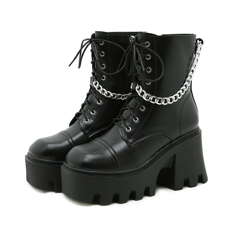 Ladies high-cut platform biker ankle boots in patent look with lacing, side zipper, and decorative buckle and stud application Mune Fashion
