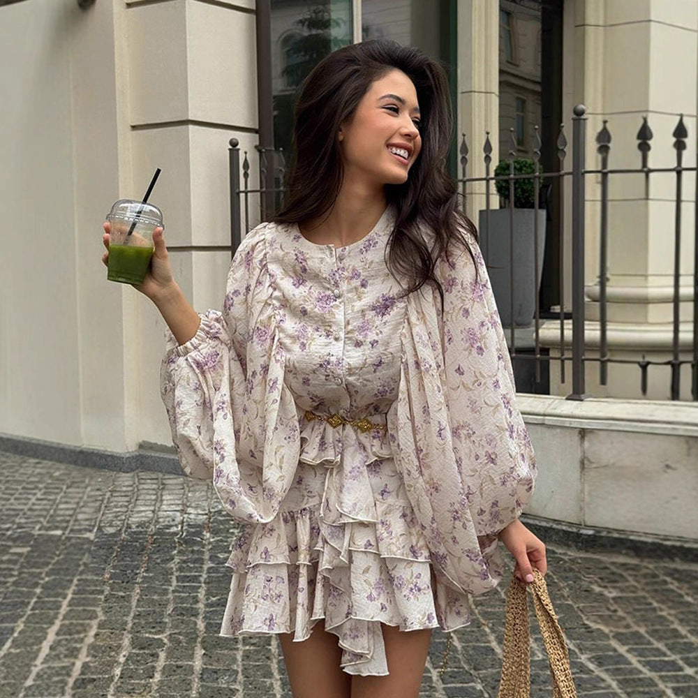 Ladies Chiffon Mini Dress with Ruffled Layers, Balloon Sleeves and Decorative Belt Mune Fashion