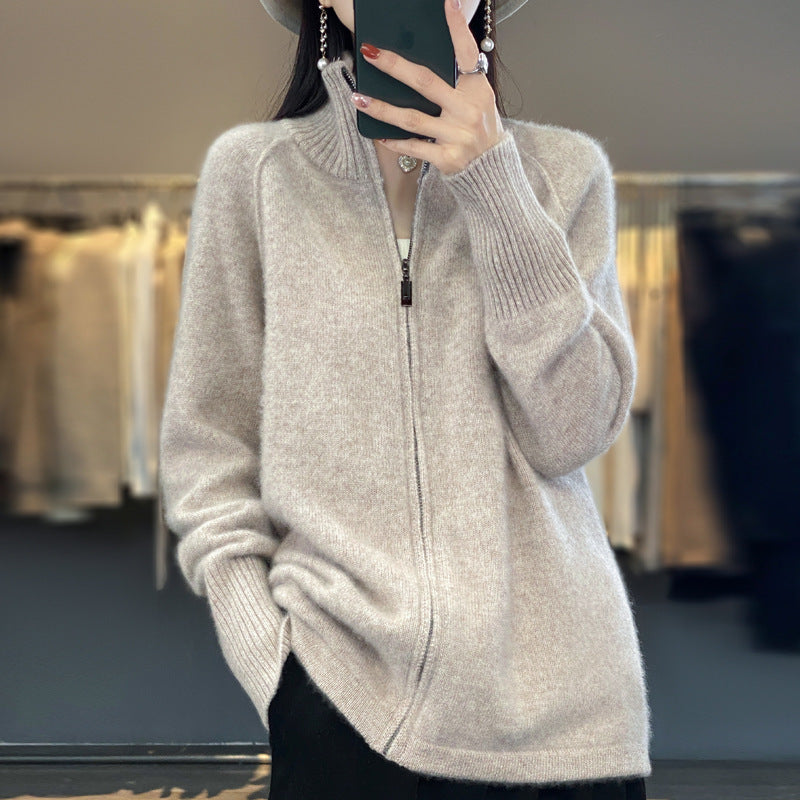 Women’s zip cardigan in cashmere look with stand-up collar and ribbed cuffs Mune Fashion
