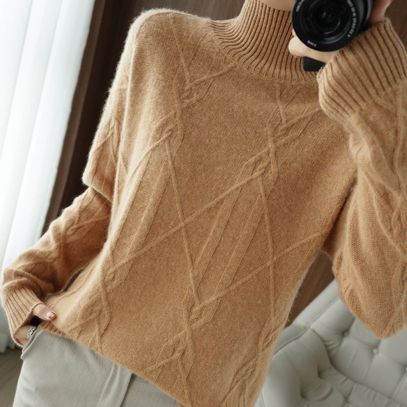 Women's Soft Mohair-Look Sweater with High Ribbed Collar, Cable Knit Pattern, and Boxy Oversized Fit Mune Fashion