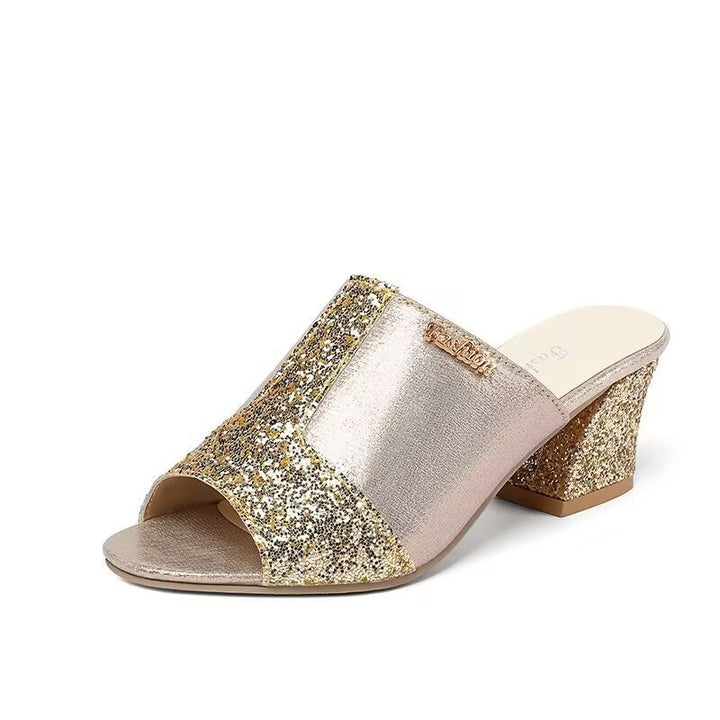 Women's elegant open slide with fine mesh, sparkling appliqués and mid-high block heel Mune Fashion