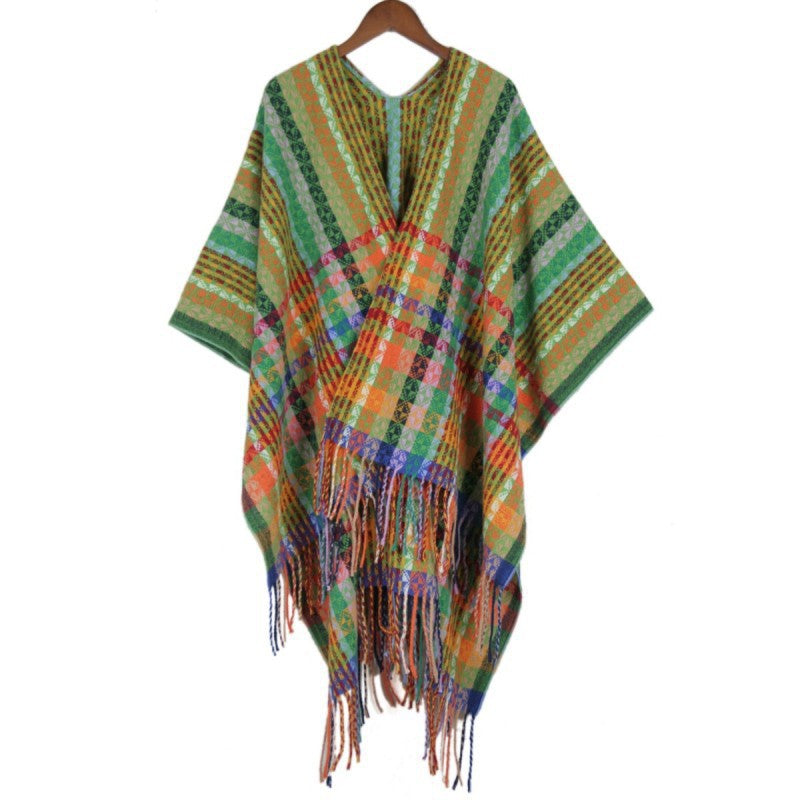 Women's Multicolored Woven Poncho in Boho Patchwork Design with Fringes Mune Fashion