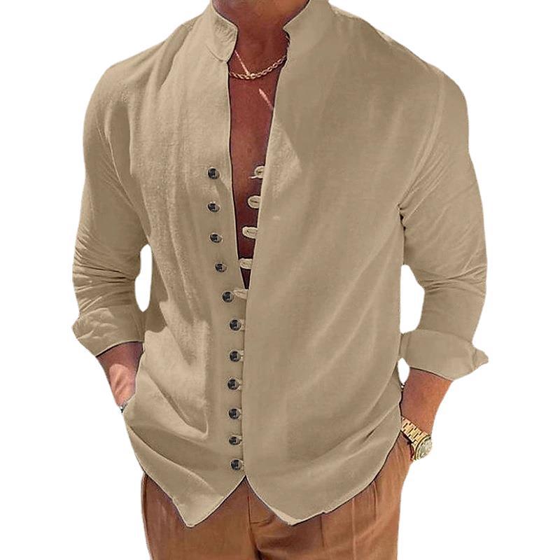 Men's linen look summer casual shirt with stand-up collar, decorative button placket, and roll-up sleeves Mune Fashion