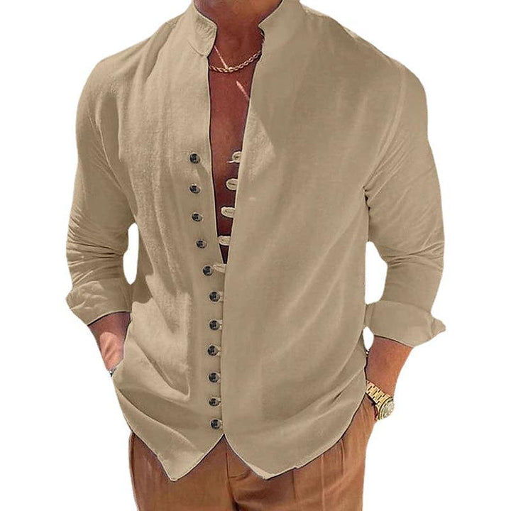 Men's linen look summer casual shirt with stand-up collar, decorative button placket, and roll-up sleeves Mune Fashion