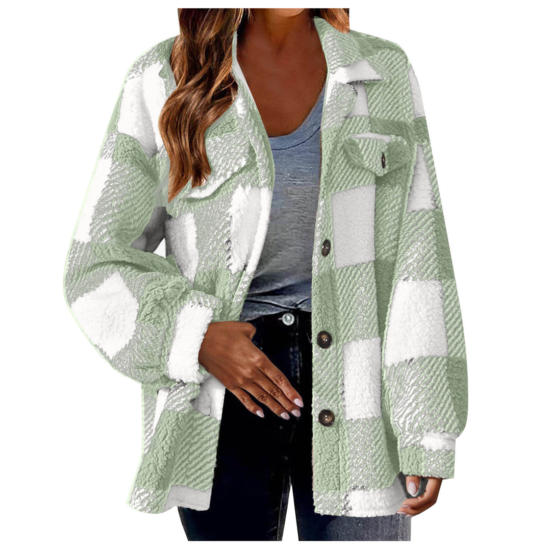 Women's cozy Sherpa check transitional jacket with chest pockets and generous oversized cut Mune Fashion