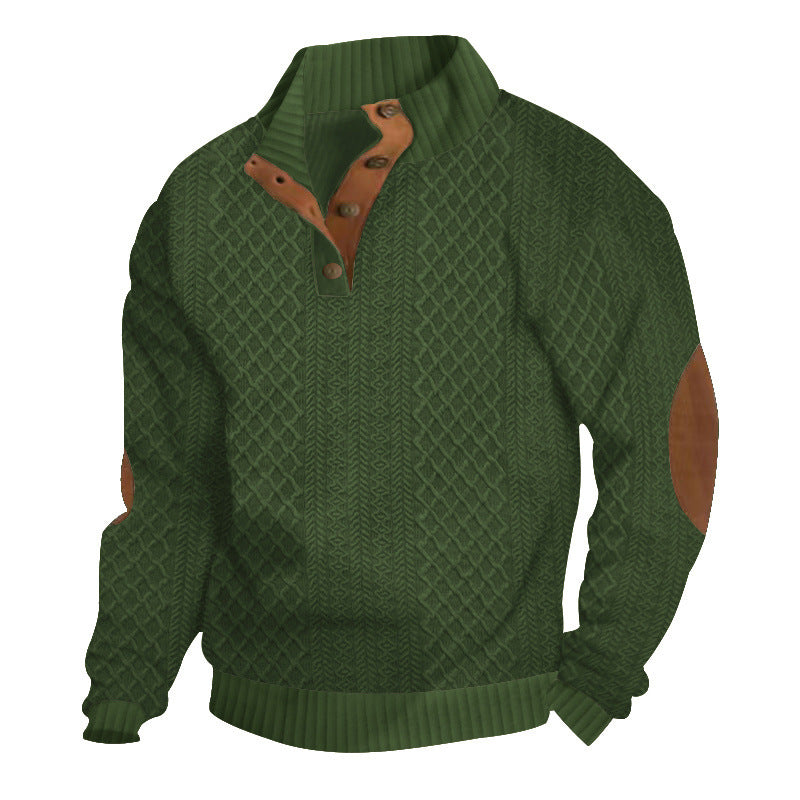 Men's upscale knit sweater with diamond pattern, high ribbed collar, buttoned placket, and leather trim on elbow. Mune Fashion