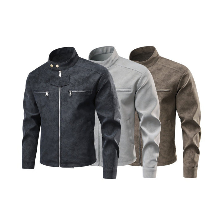 Men's suede leather look biker jacket with stand-up collar, chest zipper pockets & concealed snap button placket Mune Fashion
