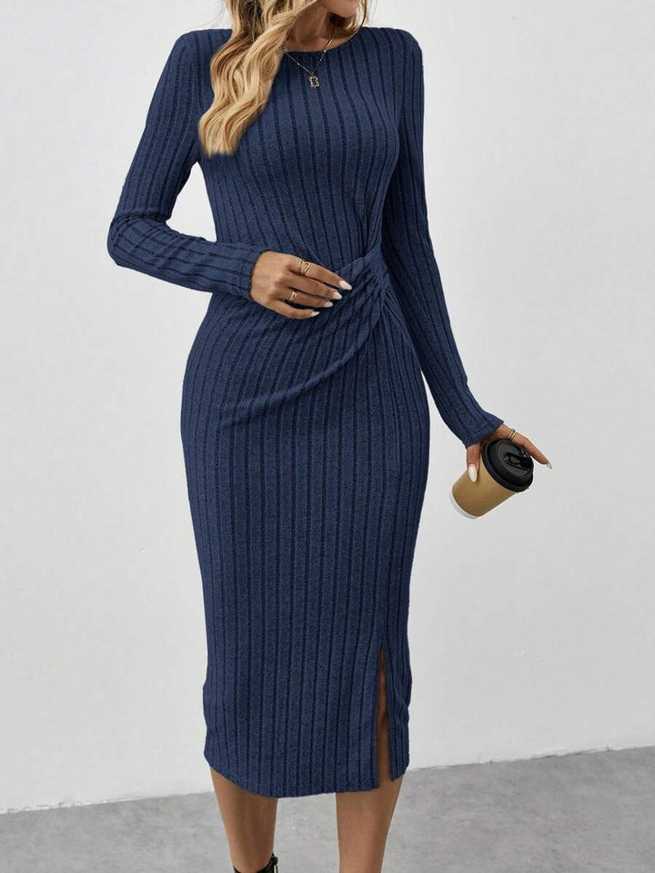 Women's Ribbed Midi Dress in Fine Knit with Twisted Waist Detail Drune