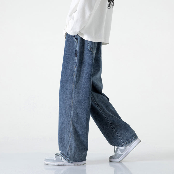 Men's Wide-Leg Denim Baggy Pants with Drawstring Waistband and Straight Hem Mune Fashion