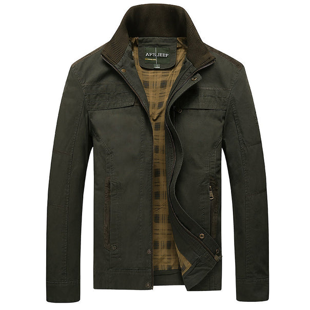 Men's canvas transition jacket with ribbed collar, concealed zipper, and checkered lining Mune Fashion