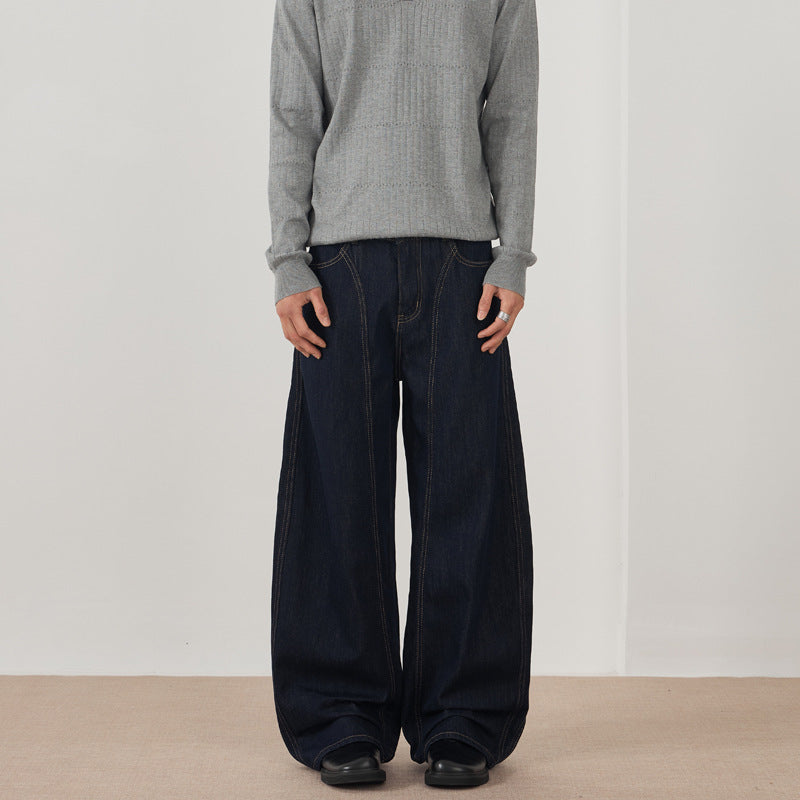 Men's Extra Wide Denim Palazzo Pants with Vertical Seam Panels and Floor-Length Silhouette Mune Fashion