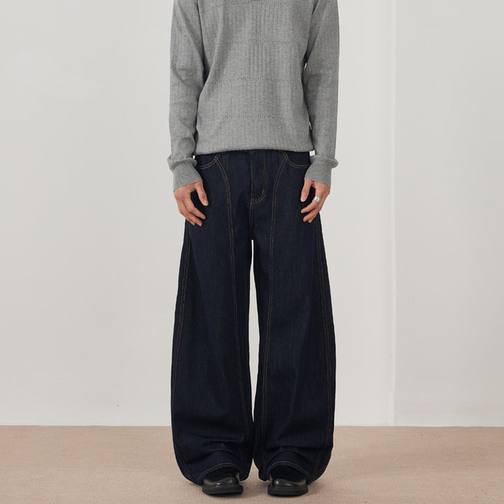 Men's Extra Wide Denim Palazzo Pants with Vertical Seam Panels and Floor-Length Silhouette Mune Fashion