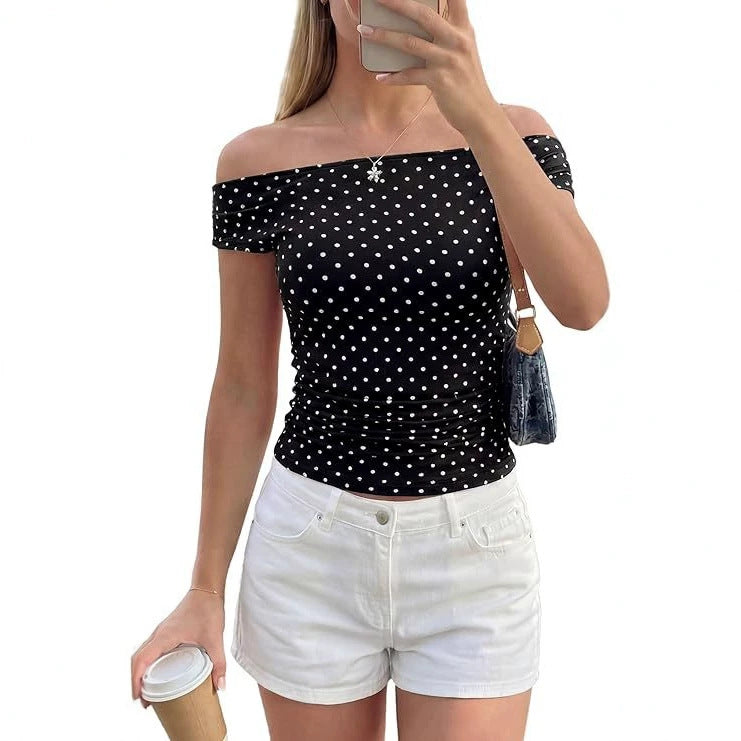 Women's Off-Shoulder Fitted Polka Dot Top with Gathered Side Seam Mune Fashion