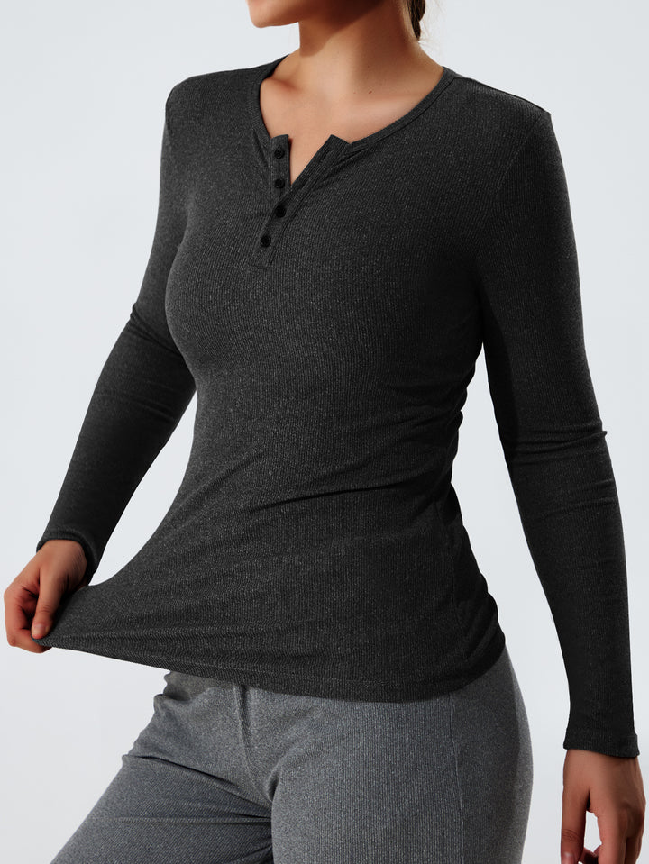 Women's Ribbed Henley Long Sleeve Shirt with Button Placket and Fitted Cut Mune Fashion