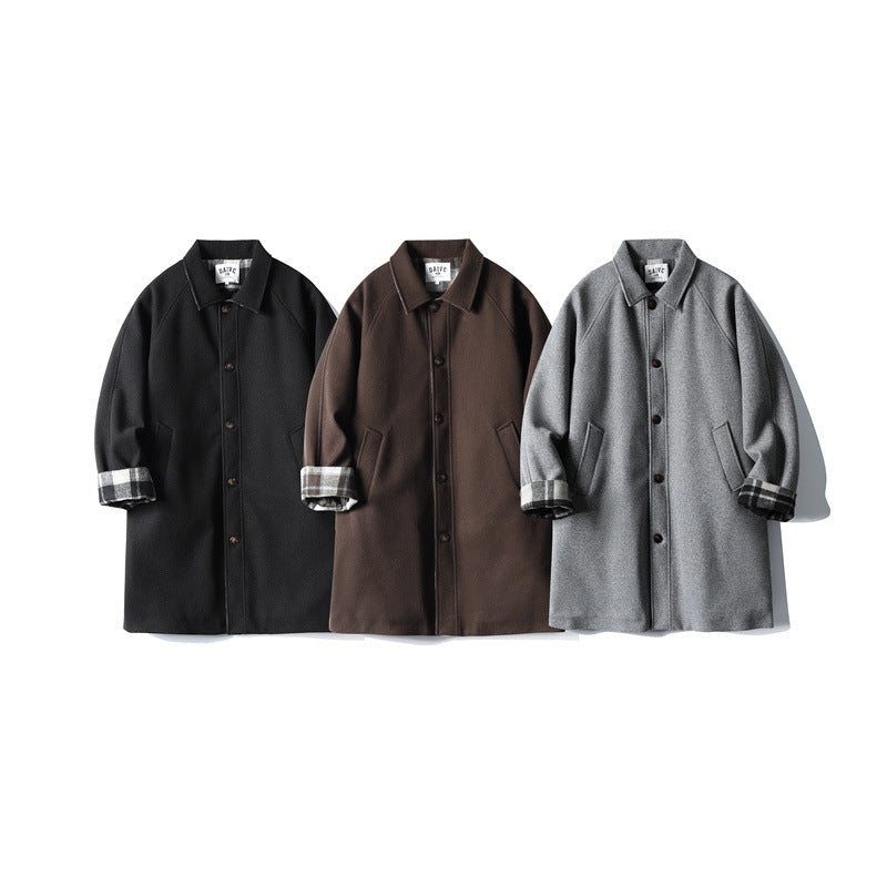 Men's Wool Blend Coat with Checked Lining, Raglan Sleeves and Classic Shirt Collar Mune Fashion