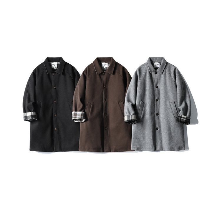 Men's Wool Blend Coat with Checked Lining, Raglan Sleeves and Classic Shirt Collar Mune Fashion
