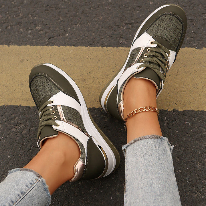 Women's sporty wedge sneakers with textured knit mix padded comfort insole and gold accents Mune Fashion