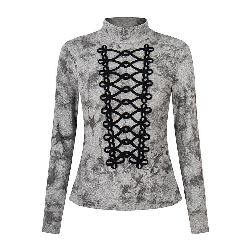Women's long sleeve shirt with stand-up collar and decorative cord appliqué Mune Fashion