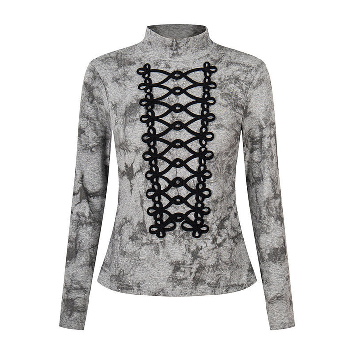 Women's long sleeve shirt with stand-up collar and decorative cord appliqué Mune Fashion