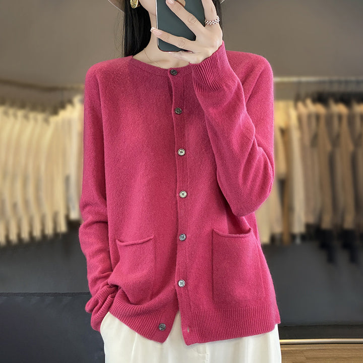 Women's Long Fine Knit Cardigan with Round Neck, In-seam Pockets and Alpaca Mix Mune Fashion