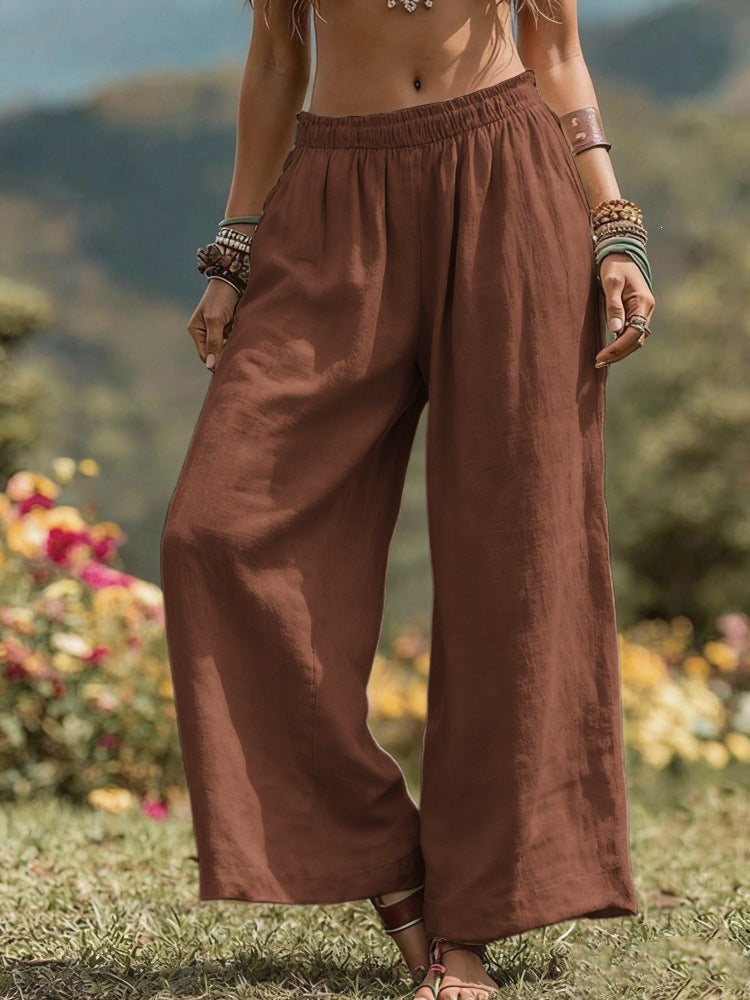 Women's Wide Linen Look Palazzo Pants with Elastic Waistband and Pockets Mune Fashion