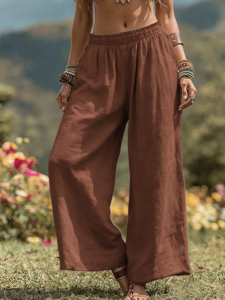 Women's Wide Linen Look Palazzo Pants with Elastic Waistband and Pockets Mune Fashion