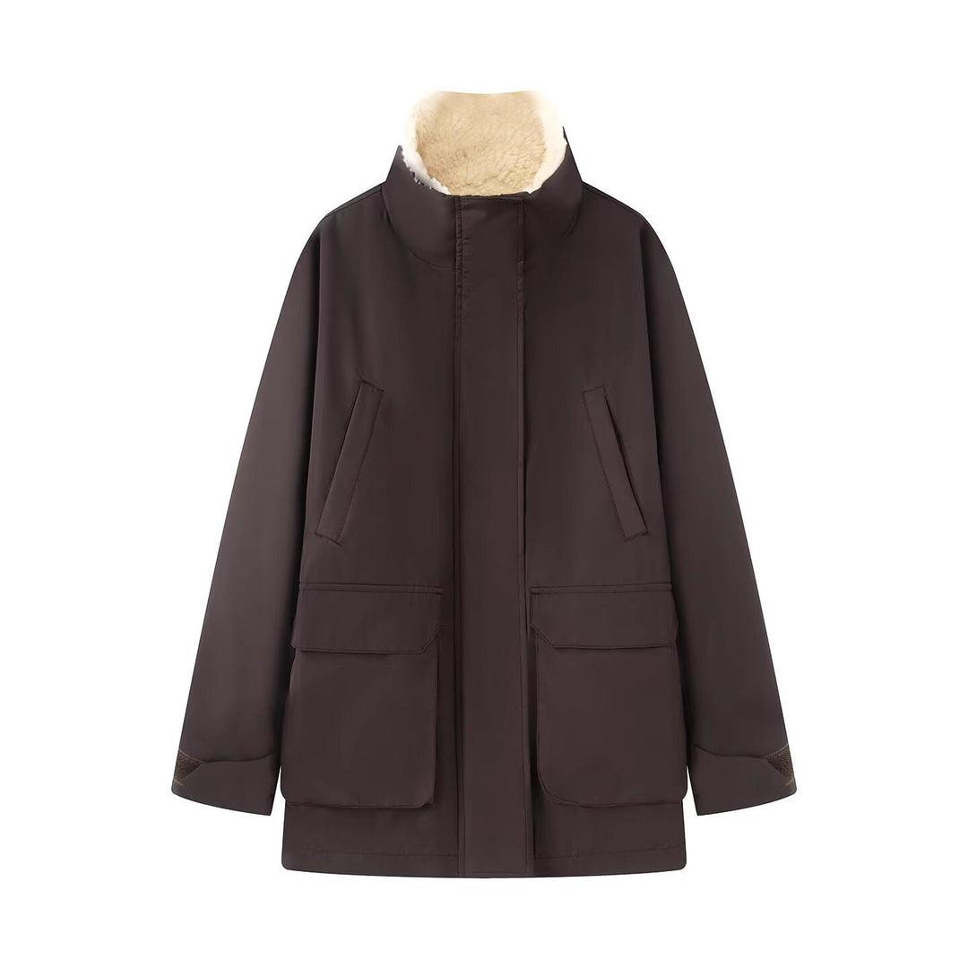 Women's Padded Parka Jacket with High Teddy Collar and Flap Pockets Mune Fashion