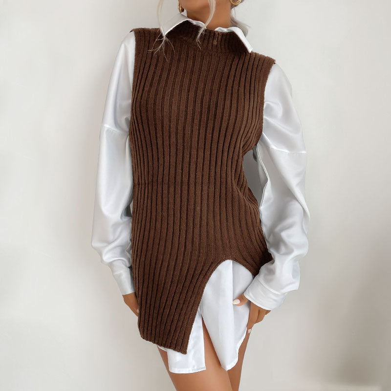 Women's Ribbed Knit Tunic with Stand-up Collar, Side Slits and Fitted Silhouette Mune Fashion