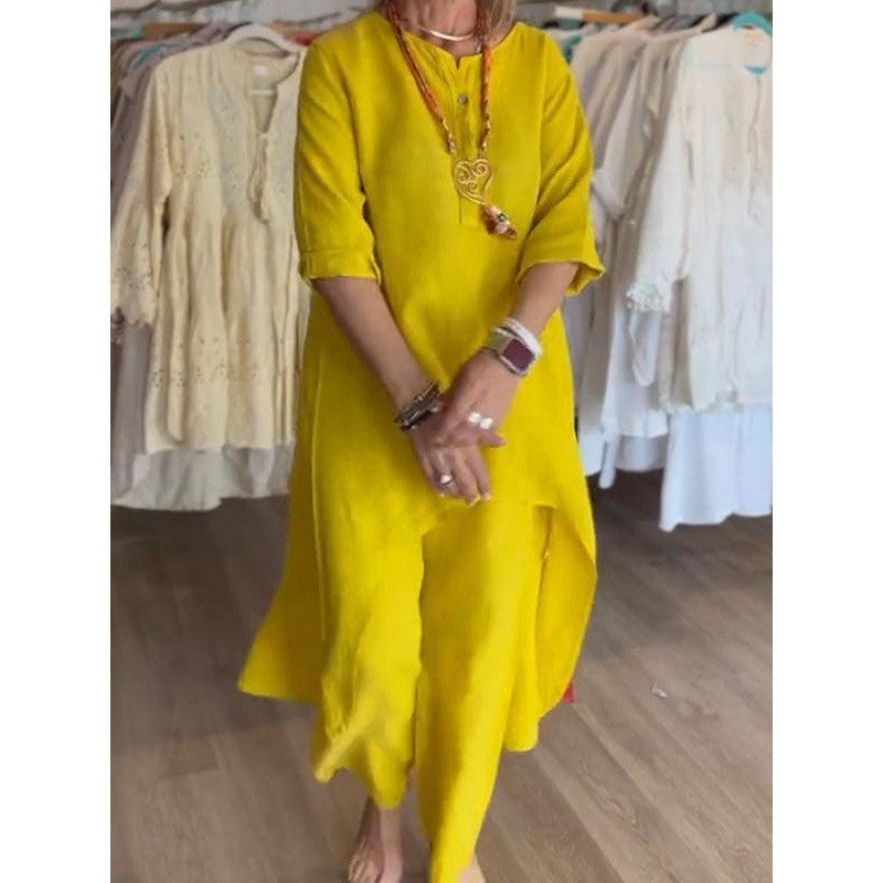 Women's Midi-Length Linen Tunic Set with Asymmetric Hem and Wide Palazzo Pants Mune Fashion