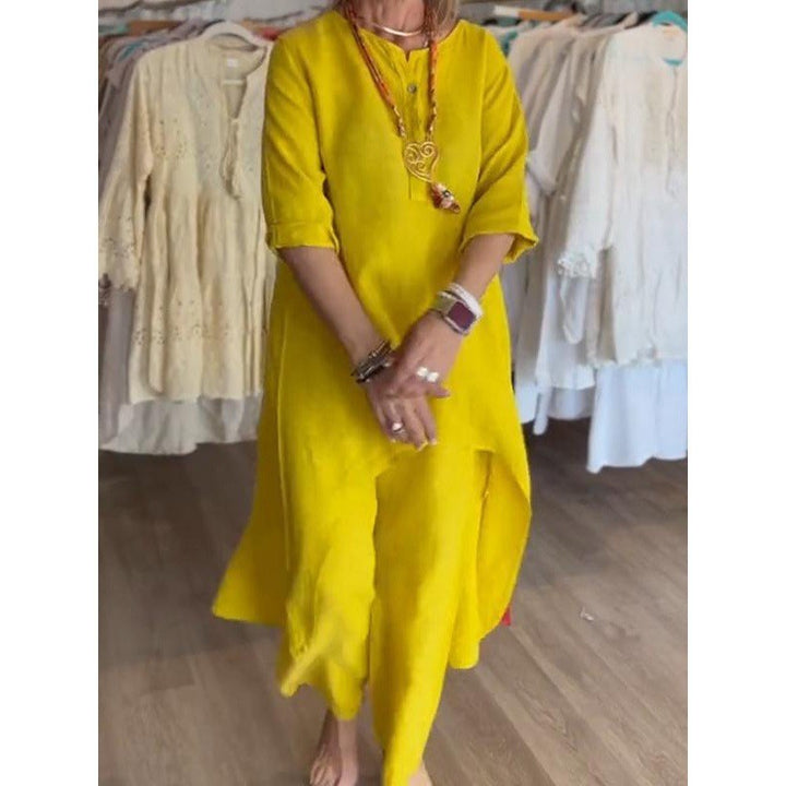 Women's Midi-Length Linen Tunic Set with Asymmetric Hem and Wide Palazzo Pants Mune Fashion