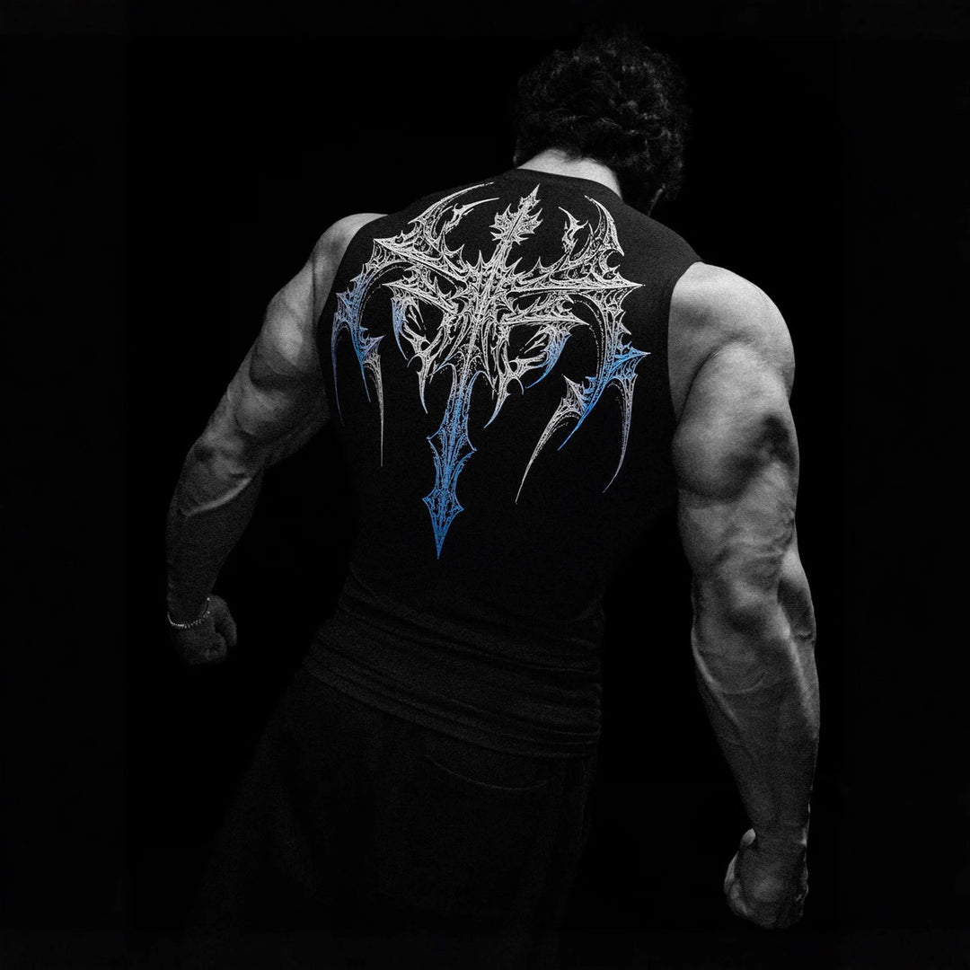 Men's form-fitting training tank top with deep armholes and intricate back print Mune Fashion