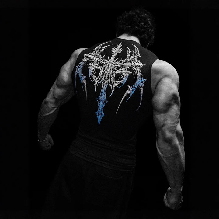 Men's form-fitting training tank top with deep armholes and intricate back print Mune Fashion