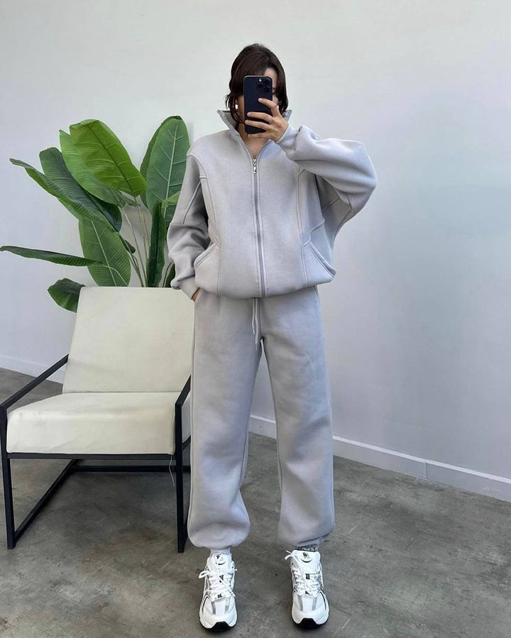Women Oversized Fleece Set with Zipper Jacket and Loose Jogging Pants Mune Fashion