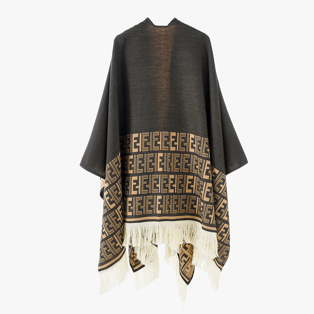 Women Reversible Jacquard Cape Wrap with Monogram Border and Fringes