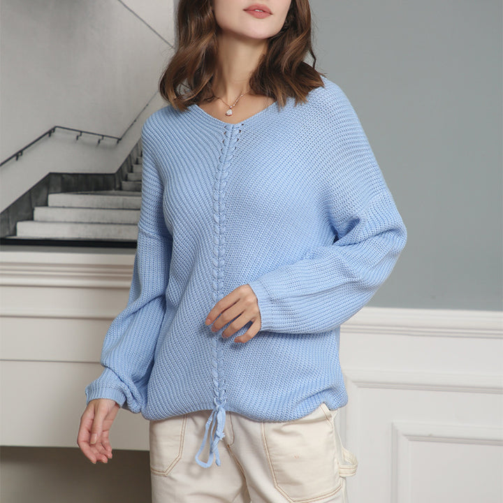 Women's knit sweater with cable center seam, V-neck and drawstring Mune Fashion
