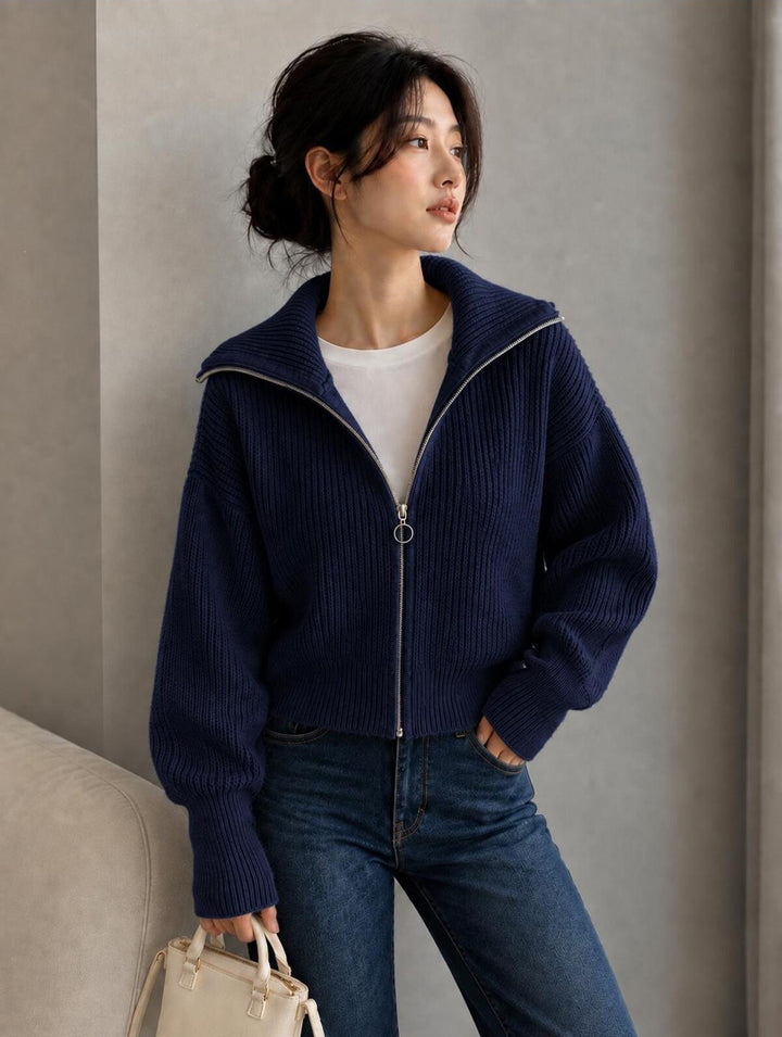 Women's Oversized Cardigan with Zipper and High Collar Mune Fashion