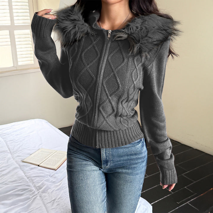 Ladies fitted cable pattern cardigan with full zip and detachable faux fur hood Mune Fashion