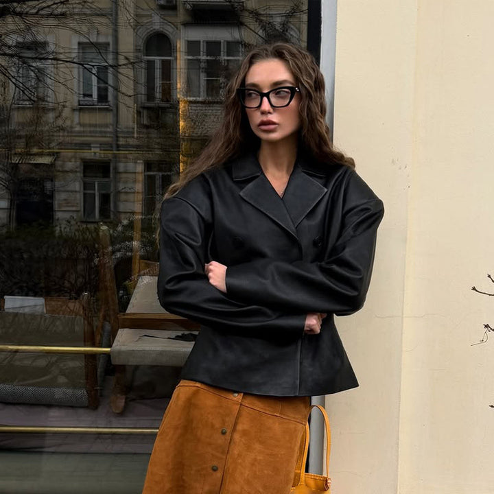 Women Fashionable Blazer-Bomber made of vegan leather imitation with double-breasted front Mune Fashion