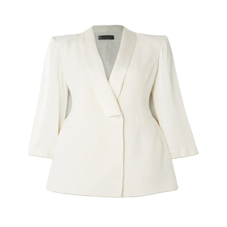 Ladies Elegant tailored blazer dress with shawl collar and deep V-neck Mune Fashion