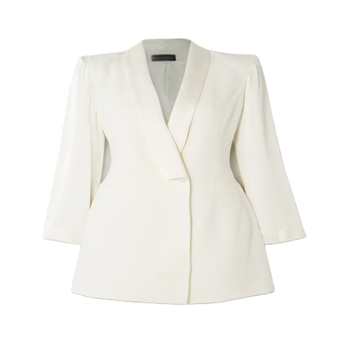 Ladies Elegant tailored blazer dress with shawl collar and deep V-neck Mune Fashion